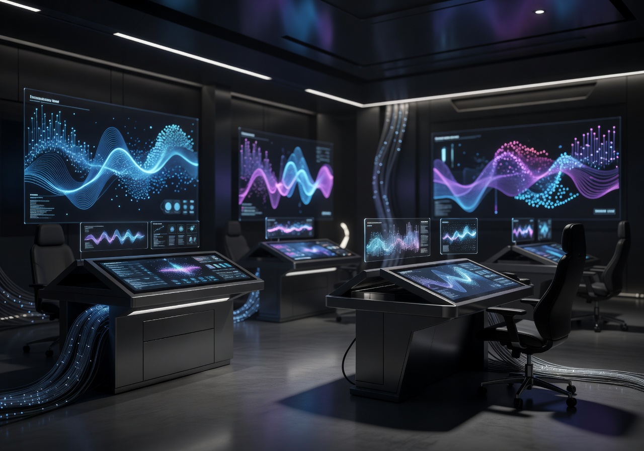 Futuristic control room with dark UI and glowing cinematic lighting