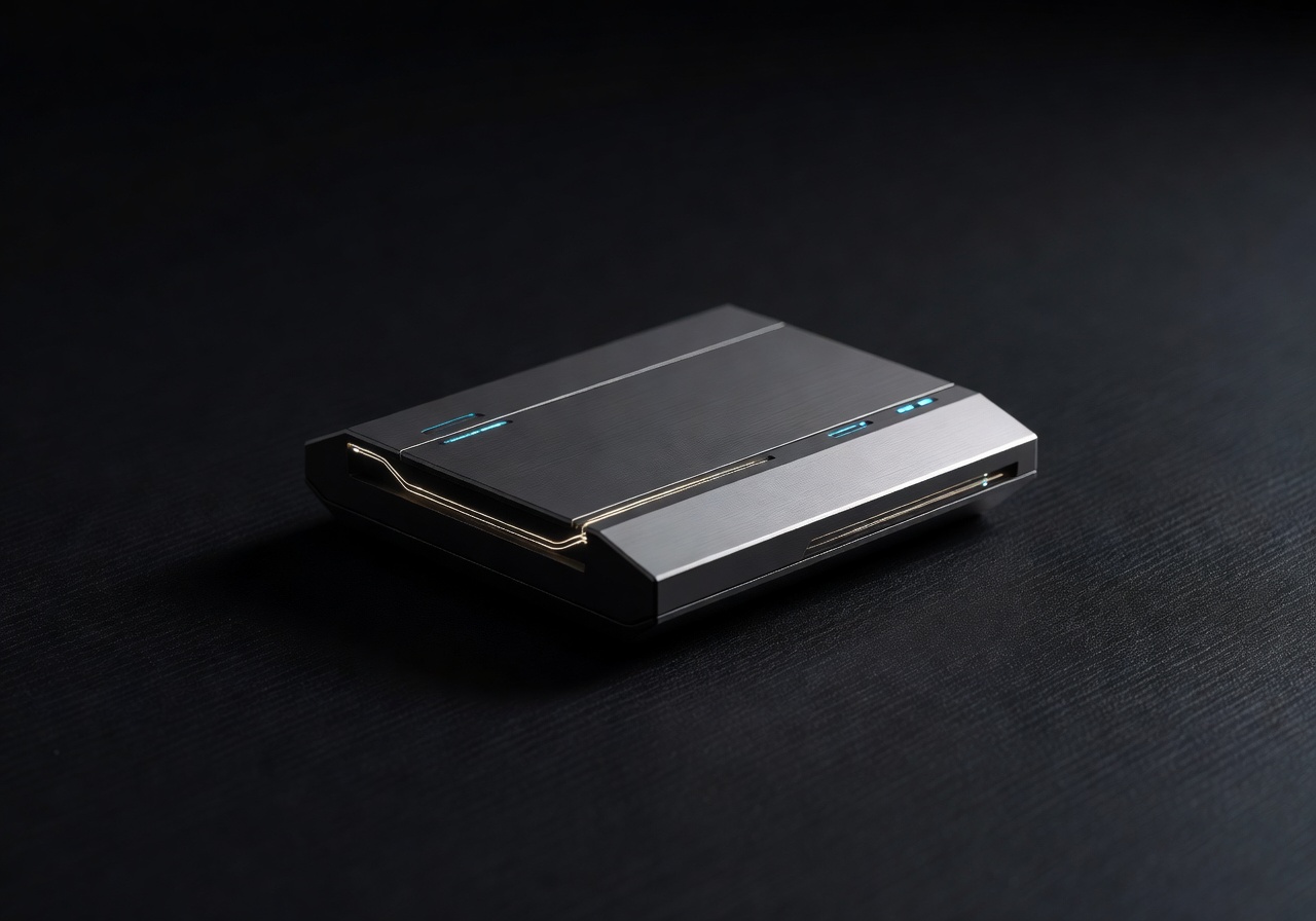 Minimal sci-fi communication interface hardware on dark background